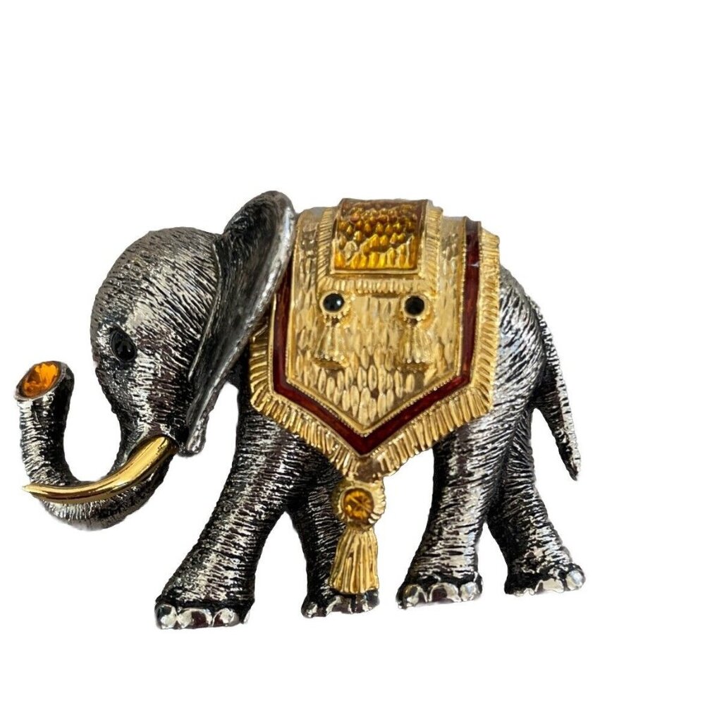 Vintage Silver Gold Tone Elephant Brooch Pin Topaz Sapphire Crystals Rhinestones